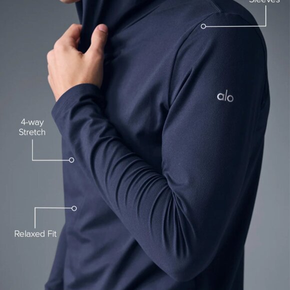 NEW Alo Yoga Men Conquer Reform Long Sleeve With Hood in Navy Blue size L Large - Picture 2 of 4